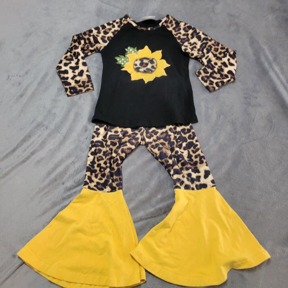 Honeydew Outfit Girl 4 Black Long Sleeve Sunflower Bell Pant Comfort Stretch Top